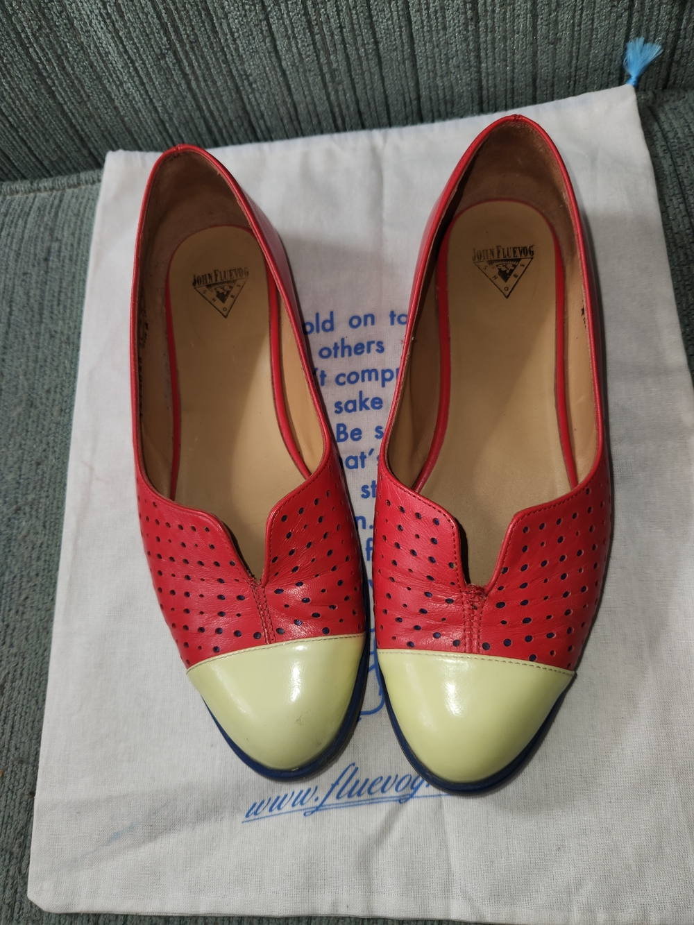 🍉John Fluevog Red Flats with Cream Cap Toe - Picture 7 of 7
